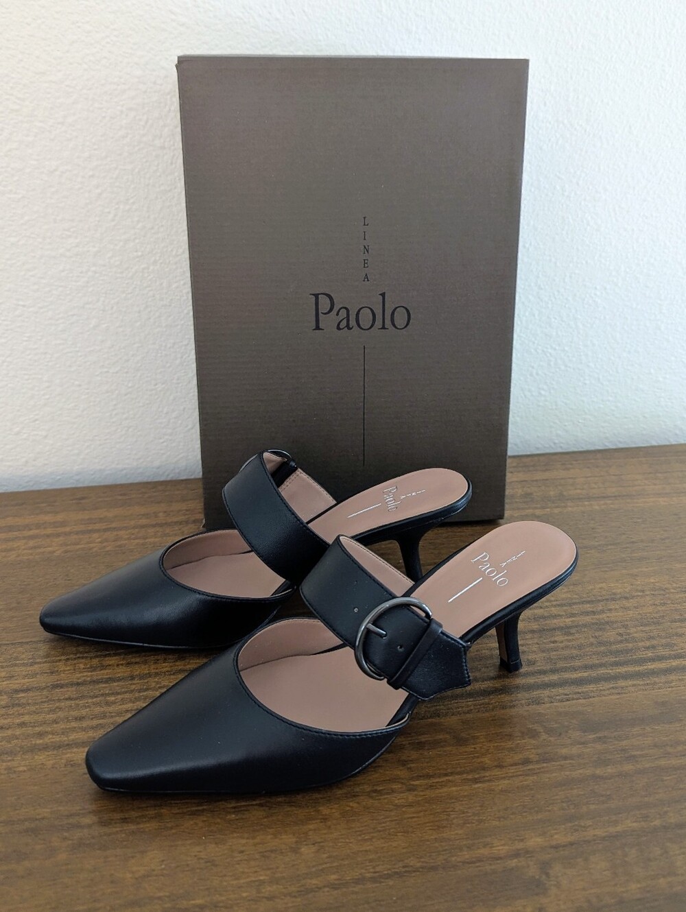 NWT LINEA Paolo Mule Heels Cynthia Black Leather Buckle Size 7M